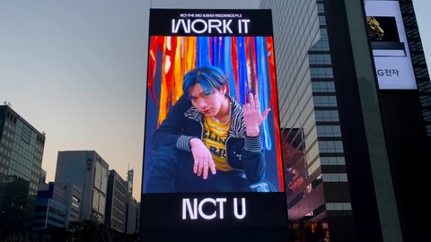 Seoul, South Korea - December 12 2020: K-pop Artist NCT Music Video "Work it" Ad on Digital Billboard 