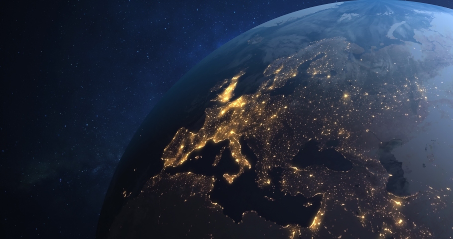 Planet Earth from Space EU European Countries highlighted, state borders and counties animation, city lights,  Royalty-Free Stock Footage #1064793595