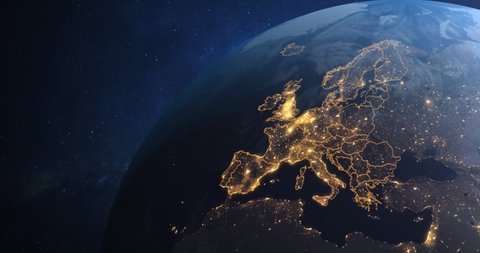Planet Earth from Space EU European Countries highlighted, state borders and counties animation, city lights, 