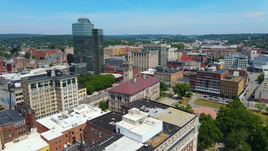 Aerial view of Worcester historic center including Worcester City Hall on Main Street with modern skyline at background, Worcester, Massachusetts MA, USA. Worcester is the second largest city in MA.  Royalty-Free Stock Footage #1064798245