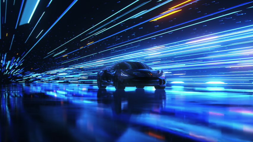 3D Car Model: Sports Car Driving at on a Wet Road on High Speed, Racing Through the Colorful Tunnel With Lights Reflecting Everywhere. Dark Supercar Driving Fast on Highway. VFX Animation. Arc Shot | Shutterstock HD Video #1064798269