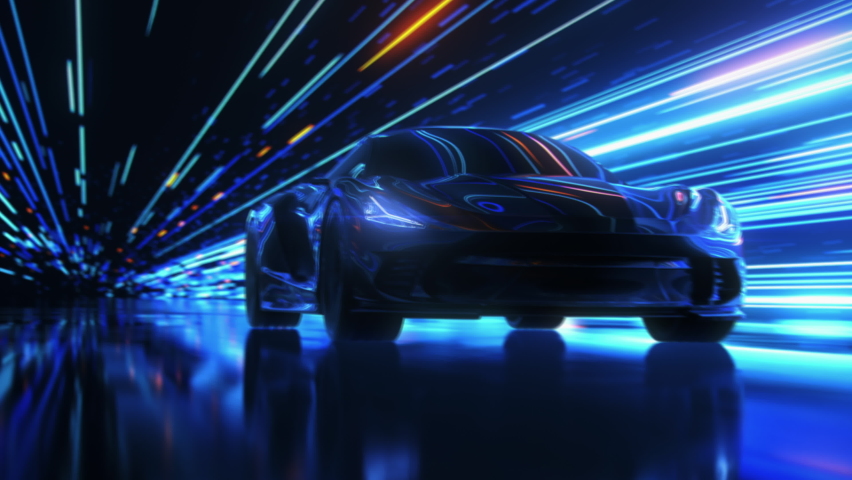3D Car Model: Sports Car Driving at on a Wet Road on High Speed, Racing Through the Colorful Tunnel With Lights Reflecting Everywhere. Dark Supercar Driving Fast on Highway. VFX Animation. Arc Shot