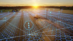 Aerial Shot: Harvester Working on Field. Digitalization of the Crops Growing Efficiency with AI Data Analysis Icons. Futuristic Agriculture Concept of Computerized, Eco, Sustainable way of Harvesting - Powered by Shutterstock - Get 15% off with code: PIKWIZARD15