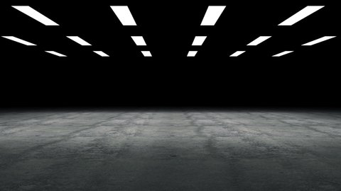 4K Animation of Lamps Turn On and Illuminated Empty Concrete Floor in Warehouse