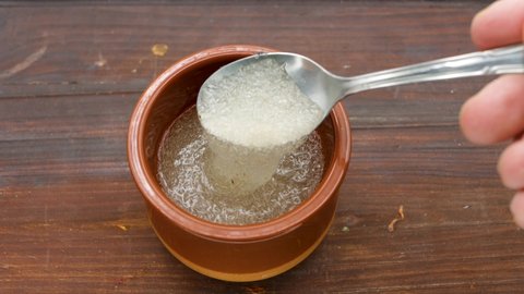A tablespoon of psyllium husk, hydrated plantago ovata, superfood for intestinal health