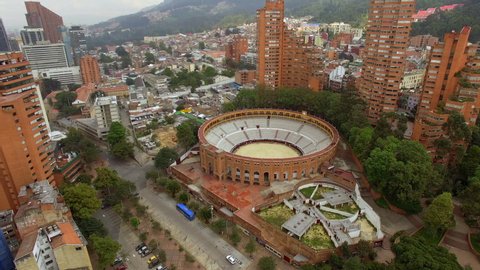 Aerial view of architectural landmark Santamaria Bullring (Spanish: Plaza de Toros Santamaria) in Bogota, the capital and largest city of Colombia, South America. 