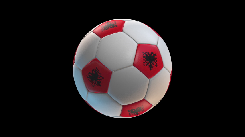 Soccer ball with flag Albania, on black background loop alpha. 3D Rendering