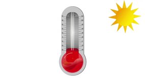 An animated illustration with a red thermometer and the sun. The heat increases step by step. 