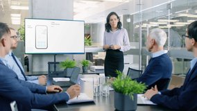 Office Conference Room Meeting: Beautiful Latin Female CEO Doing Food Delivery Software App Presentation to a Diverse Team of Multi-Ethnic Businesspeople, Explaining UI UX Working, Customer Support - Powered by Shutterstock - Get 15% off with code: PIKWIZARD15