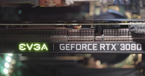 BUDAPEST, HUNGARY - CIRCA 2020: EVGA gForce RTX 3080 graphics card, which features Ampere architecture and raytracing technology