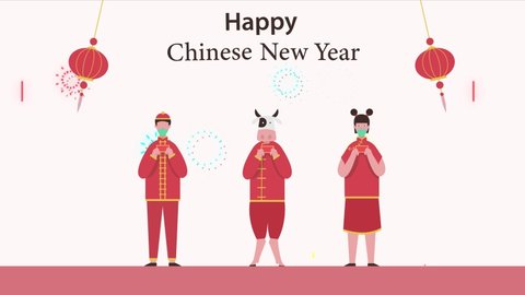 Animated cartoon design of two people and cow celebrating Chinese New Year while wearing face mask and red cheongsam clothes. Cartoon in 4k resolution