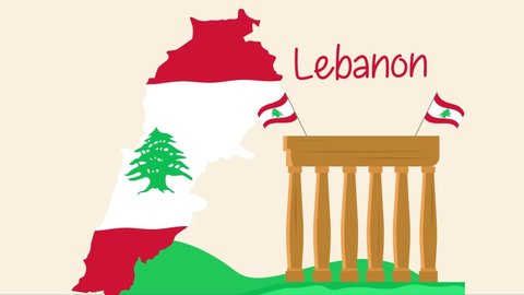 Animated cartoon design of Lebanon flag shaping geography map with monument of Jupiter temple. Cartoon in 4k resolution