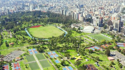 Quito, Ecuador, 6-12-2020: Aerial view over Carolina, a park in Quito alongside the business district with many playgrounds