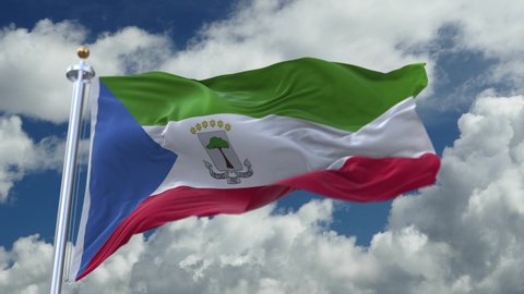 4k looping flag of Equatorial Guinea with flagpole waving in wind,timelapse rolling clouds background.A fully digital rendering. 