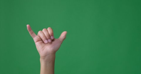 Hand in shaka or calling gesture over green background