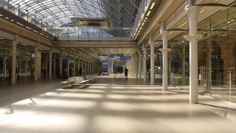 London, United Kingdom - June 16 2020: Video of an international train station empty due to Covid-19 outbreak