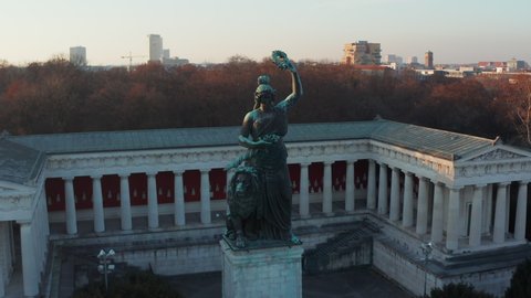 Ruhmeshalle and Bavaria Monument Statue of Woman and a Lion in Munich, Germany Oktoberfest Theresienwiese, Aerial Close up View in 2020
