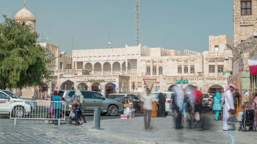 Souq Waqif timelapse. It is popular marketplace in Doha, Qatar. The souq is noted for selling traditional garments, spices, handicrafts, and souvenirs.