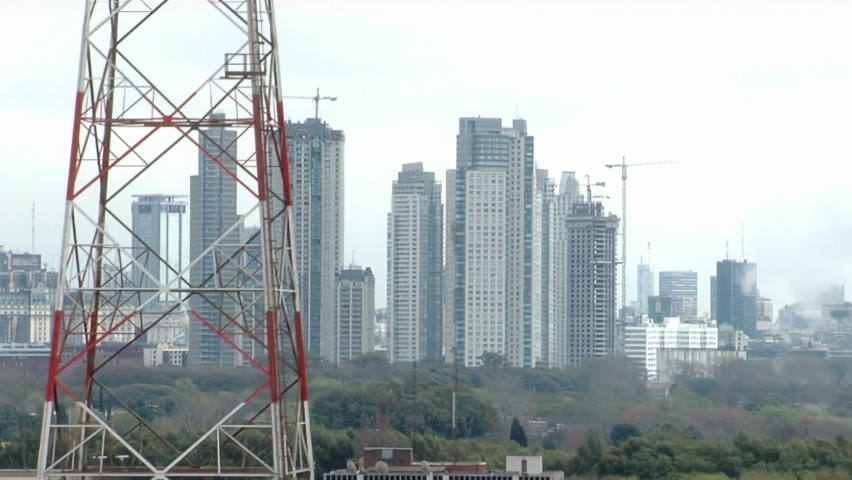 Ship Bridge View Passing Under High Voltage Lines Near Buenos Aires Skyline, Argentina