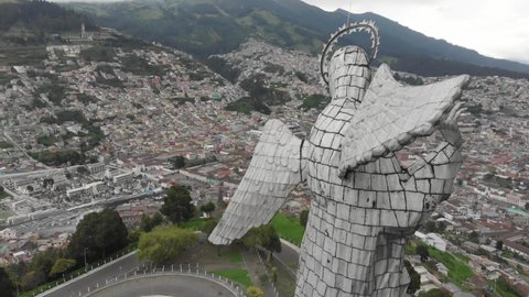 Quito Ecuador 01-01-2021:Aerial shot of  the Virgin of Panecillo. It is located on the top of the omonymous hill in Quito-Ecuador
