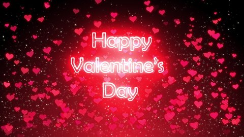 " Happy Valentine's day " Motion Stock Red Hearts with glitter sparkle falling down on red background. 4K motion Love concept.