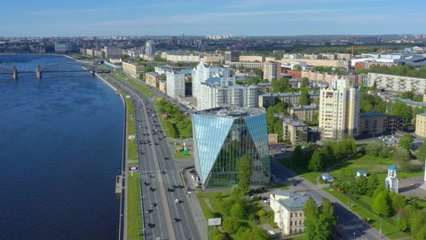Saint Petersburg, Russia - august, 2020: drone flight over the embankment of the Neva river towards the Bolsheokhtinsky bridge