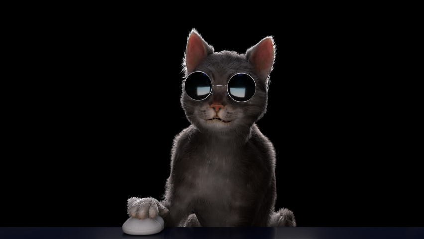 Cat with retro sunglasses and use PC. Paw on Computer mouse Playing video games or surf on internet. ProRes 4444 Mov 12bit with Alpha Channel. Seamless Looping 3D rendering.