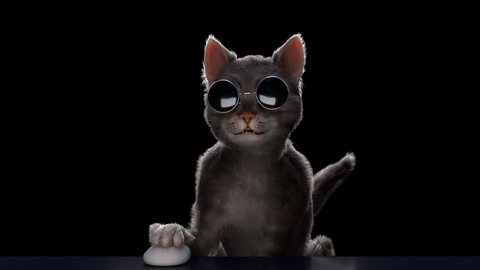 Cat with retro sunglasses and use PC. Paw on Computer mouse Playing video games or surf on internet. ProRes 4444 Mov 12bit with Alpha Channel. Seamless Looping 3D rendering.