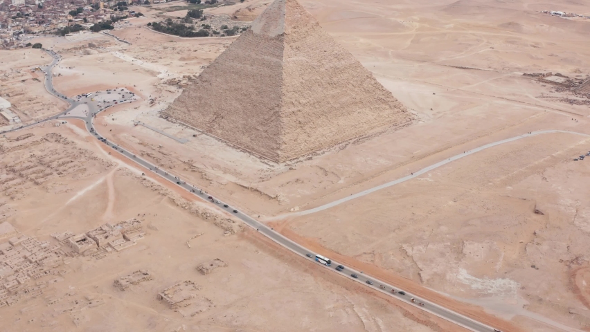 Landscape view of Pyramid of Khafre, and menkaure Giza pyramids landscape. historical egypt pyramids shot by drone.