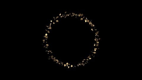 Gold confetti fireworks, 3D elements, ring shaped burst, exploding isolated on black background with alpha matte.
