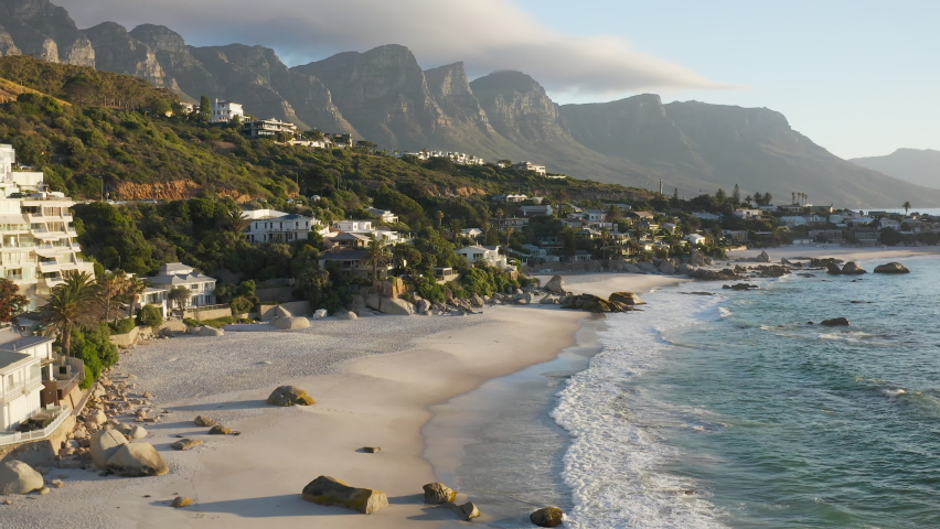 Aerial fly over view of deserted Clifton beaches, Lockdown Covid-19 Pandemic, Cape Town, South Africa | Shutterstock HD Video #1064879458