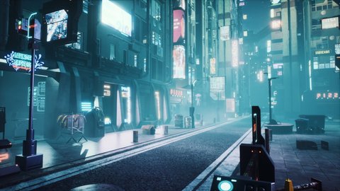 Flying cars rush along the neon night street of the city of the future. Seamless looping animation for fiction, cyber and sci-fi backgrounds. View of an future city.