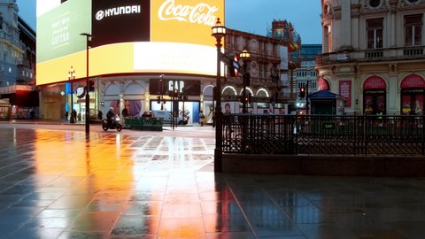 LONDON, circa 2020 - Piccadilly Circus, London, UK almost deserted following Tier 4 restrictions, after new COVID-19 virus strain hits the capital