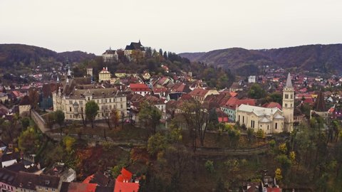 Aerial panoramic view of old city of Sighisoara, Romania