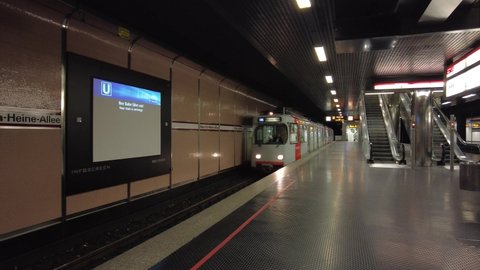 The train arrives at the subway station in Düsseldorf, NRW, Germany on 02. January 2021