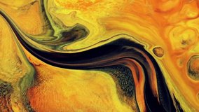Fluid art painting video, abstract acrylic texture with colorful waves. Liquid paint mixing artwork with splash and swirl. Detailed background motion with yellow, orange and black overflowing colors.