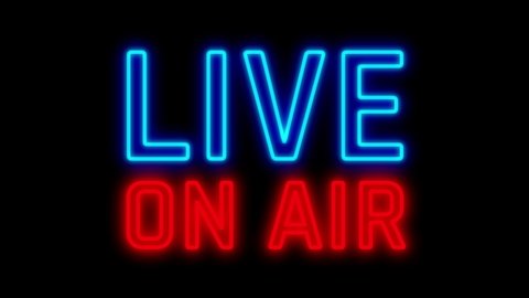 Live On Air Neon Glow Sign animation on Black Background Overlay