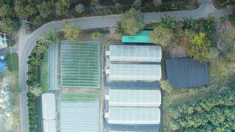 Agricultural research institutes and greenhouse building. Include soil plot, plant, plantation in field. To studying, testing, improving crop and development with  science, technology. In aerial view.