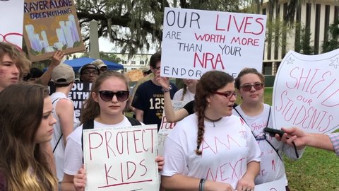 Tallahassee, Florida, United States - February 21, 2018. A large group of students rallying at the capitol to protest current gun laws in the wake of a deadly shooting at Stoneman Douglas High School.