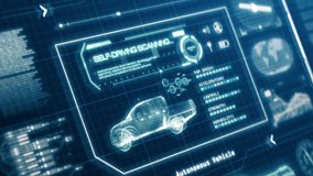 HUD self-driving vehicle pickup truck car specification scanning test user interface on computer screen pixel display panel background. Blue hologram holographic sci-fi tech concept. 4K motion graphic - Powered by Shutterstock - Get 15% off with code: PIKWIZARD15