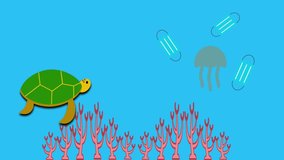 A proper face mask disposal message animation video concept with turtle and jelly fish as sea creature. Face mask is another caused of sea pollution during covid-19 pandemic.
