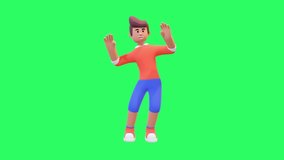 3D cartoon boy character wearing orange shirt and blue pants. Chicken dancing. Green screen 4K animation