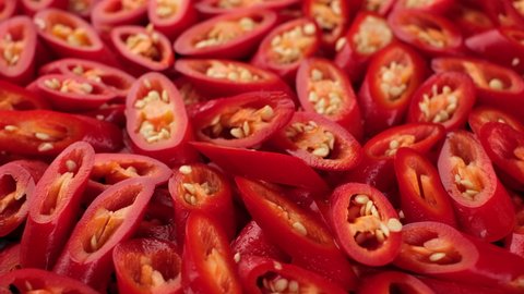 close up chopped red chili pepper rotation