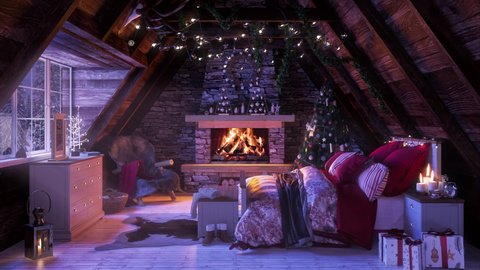 Cozy fireplace at home. Snowfall winter season outdoor environment 4K loop video footage screensaver