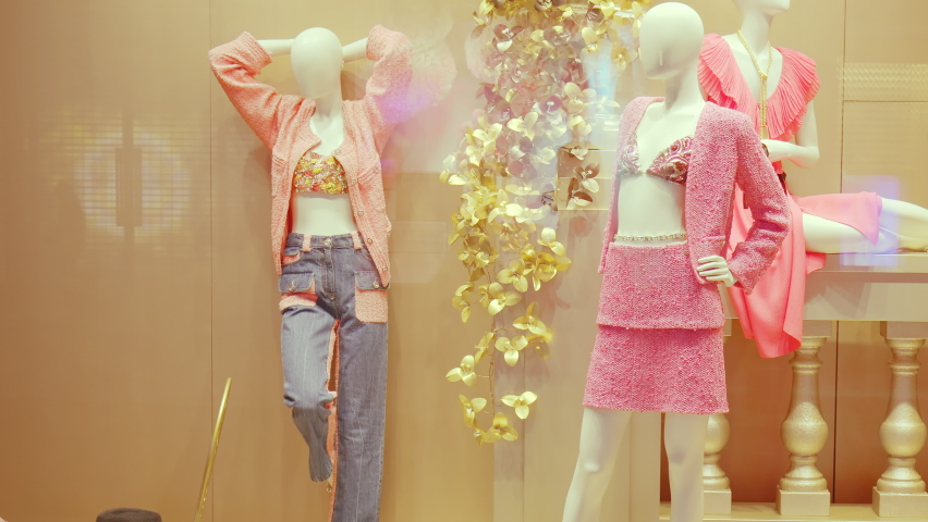 A girl approaching clothing shop window and looking through at the models in 4K. Concept of a young woman wanting and dreaming to buy a modern fashion clothes.