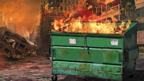 Dumpster Fire Society in Crises 4K Loop features a dumpster with fire coming out the top with a burnt-out city in the background in a loop