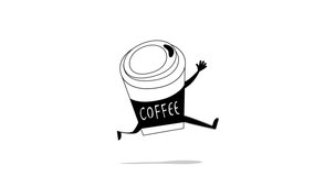 Coffee takeaway. Animated cartoon coffee cup running funny, Animation, cartoon, clip art, illustration, vector in outline, black and white.