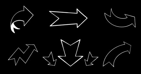 Arrows. Set of animated hands drawn one line white arrows on a black background. Doodle style looping animation.