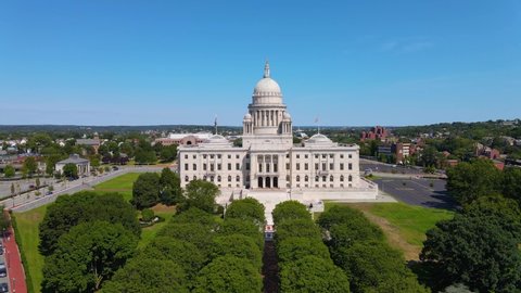 Rhode Island State House aerial view with Neoclassical style in downtown Providence, Rhode Island RI, USA. This building is the capitol of state of Rhode Island.