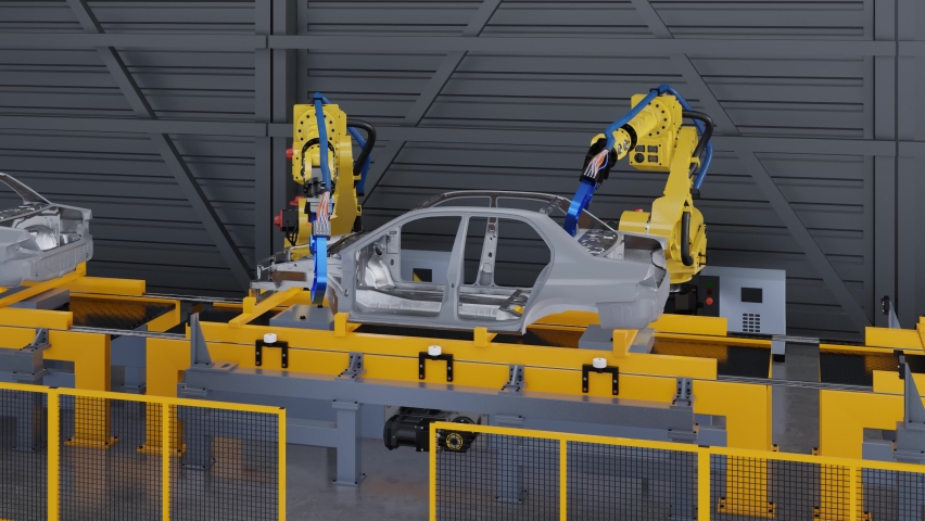 Car frame on slide conveyor on the Automobile Plant with Spot Welding Robots.  3d rendering